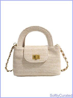 Woven Straw Evening Shoulder Bag Shimmer Chain Strap Party Handbag